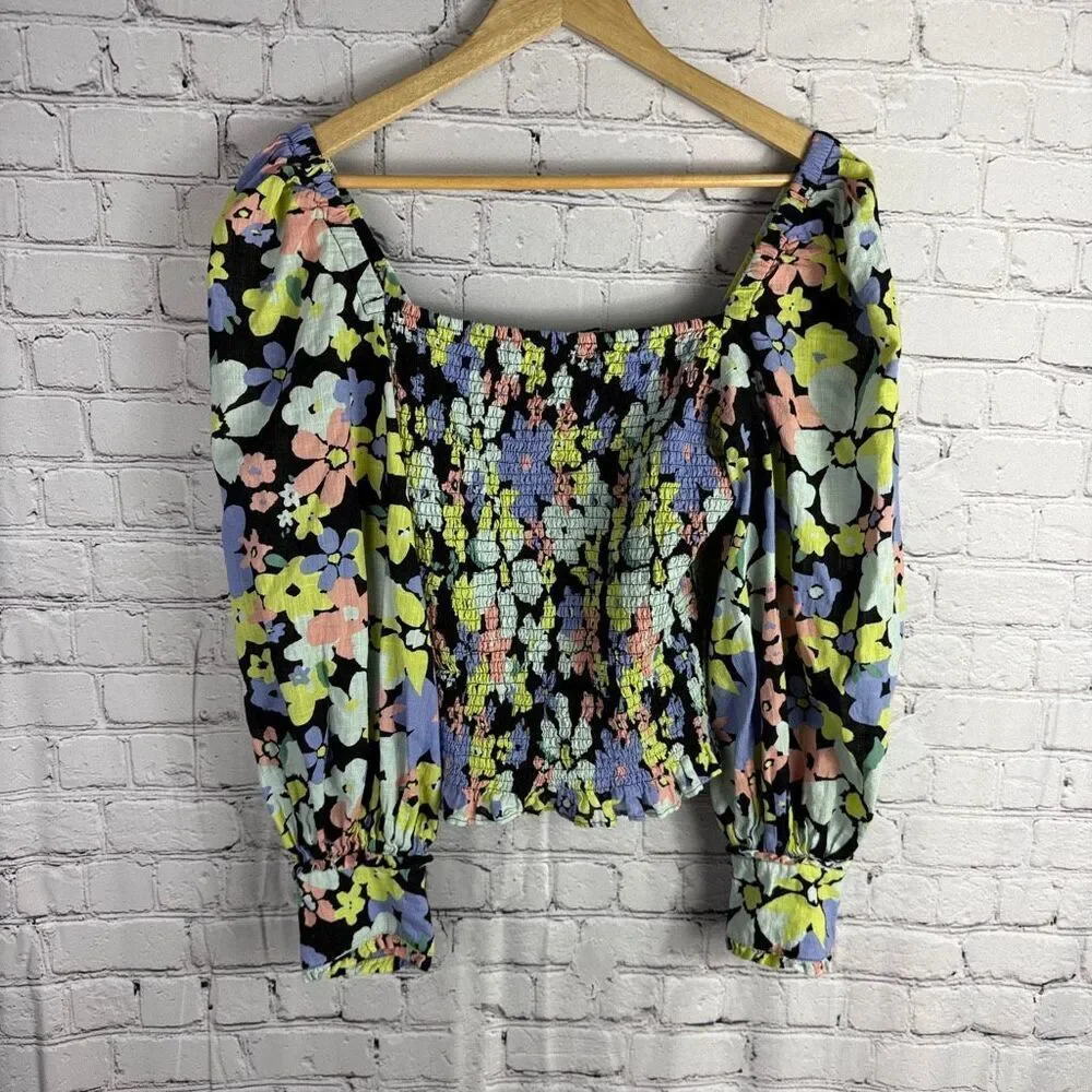 Free People Ariana Floral Puff Sleeve Top Size Large  K
